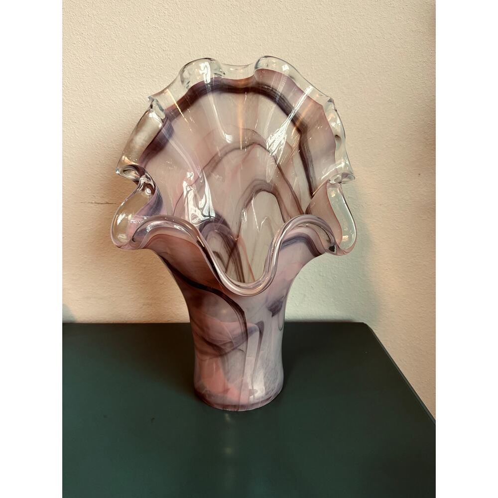 Stunning Handblown Murano Style Art Glass Vase Pink Purple Swirls, Ruffled Edge